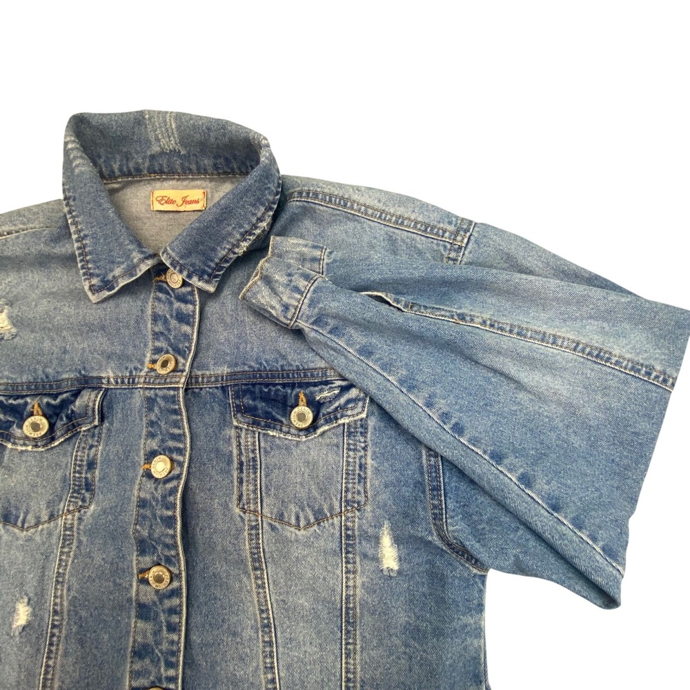 Elite Jeans Denim Jacket Women's Size Small Cropped Trucker Button Up Distressed